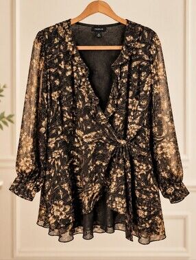 Torrid 4X Black Gold Floral Shimmer Ruffle Wrap Tunic Dress